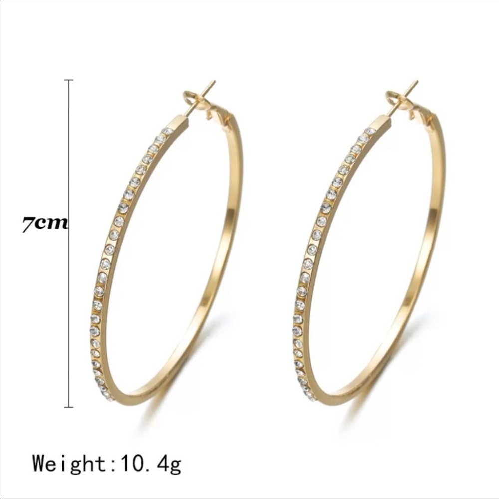18K GOLD HOOP EARRINGS WOMEN'S DIAMOND STONES - Picture 4 of 4